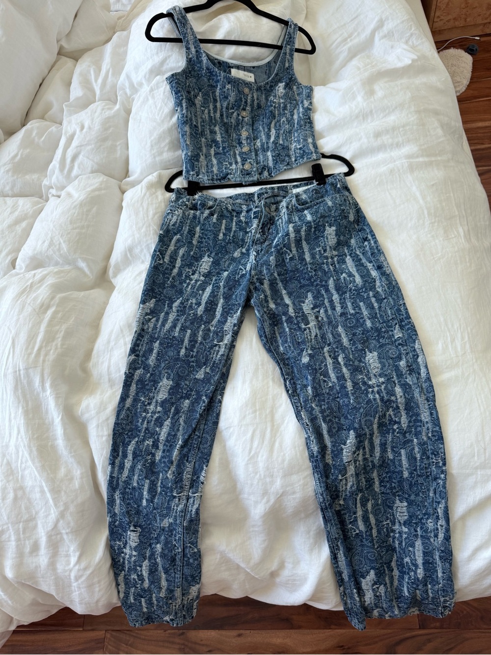 Denim paisley Printed Two-Piece corset and Pants Set - Blue